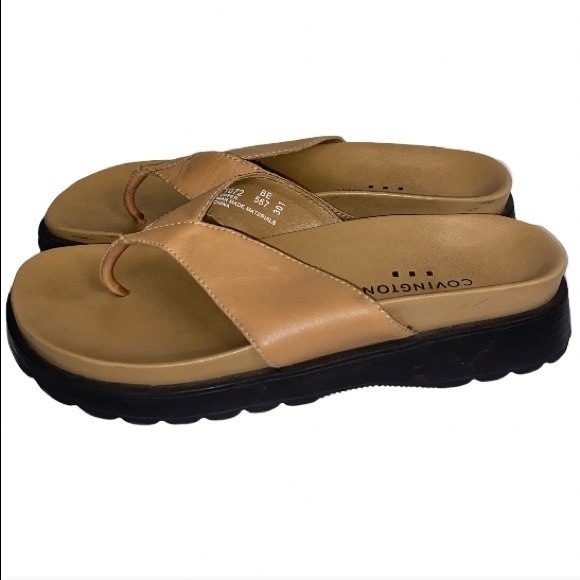Covington Sandals Platform Flip Flop Tan Leather size  8.5 M - Picture 8 of 12
